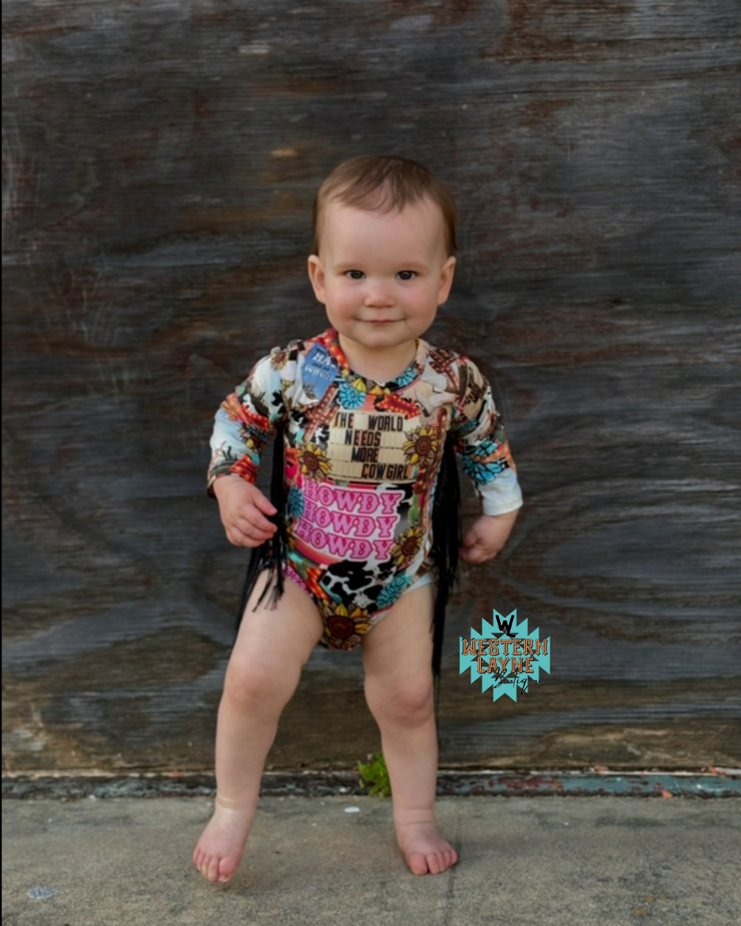 Western Collage Long Sleeve Baby Tassle Romper
