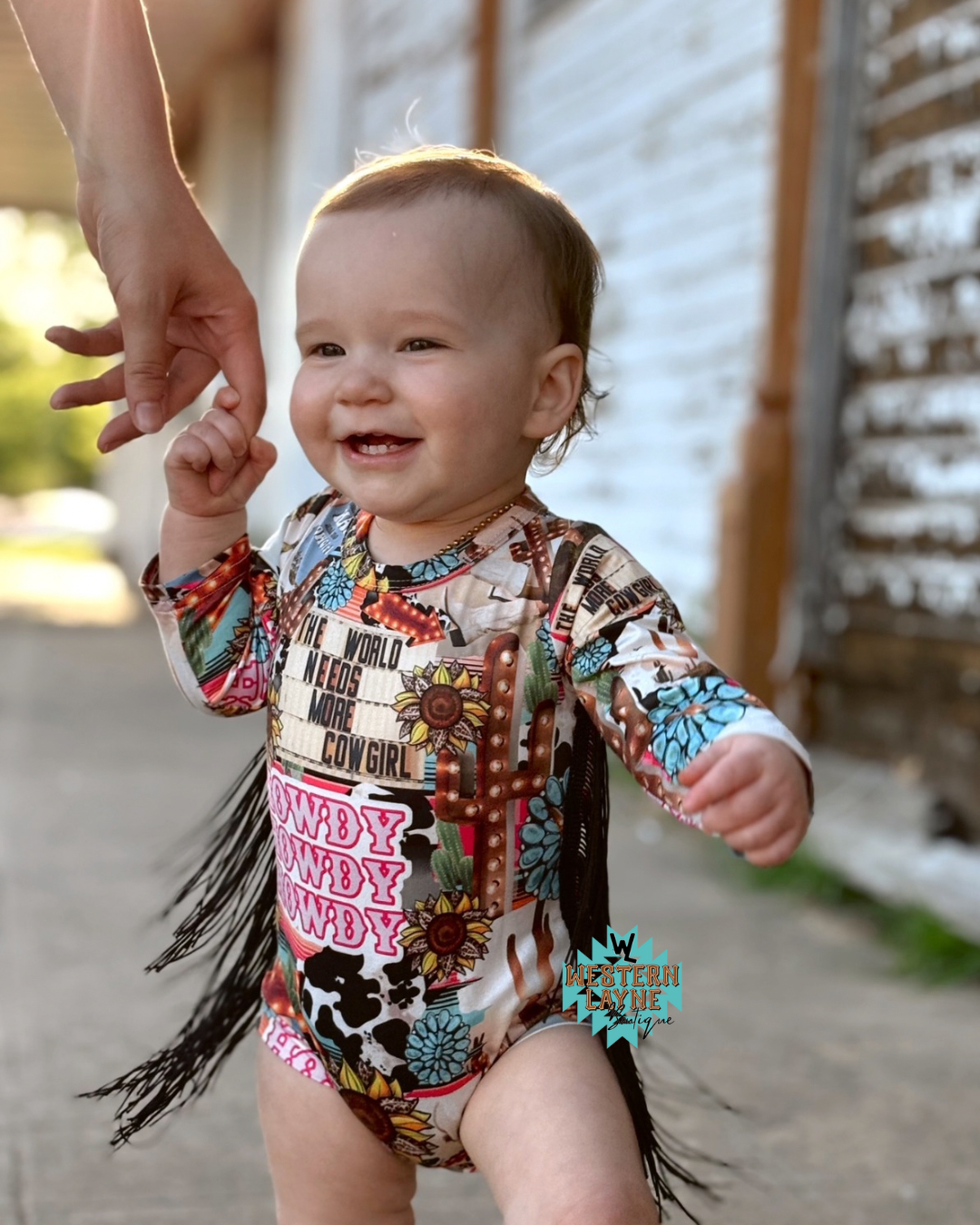 Western Collage Long Sleeve Baby Tassle Romper
