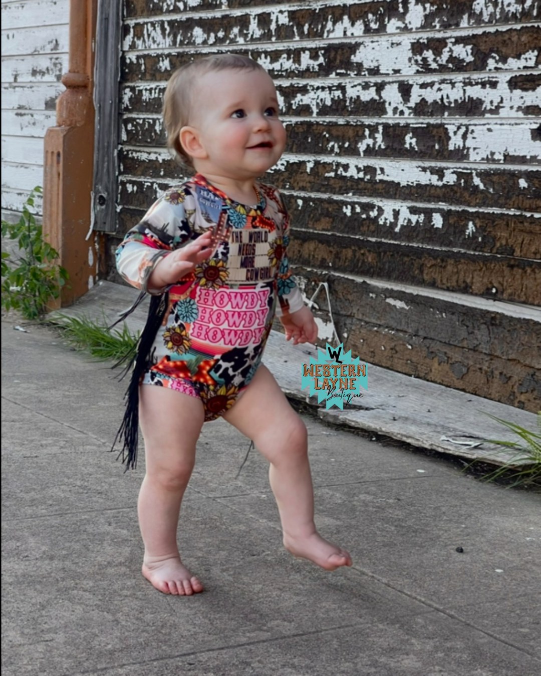 Western Collage Long Sleeve Baby Tassle Romper