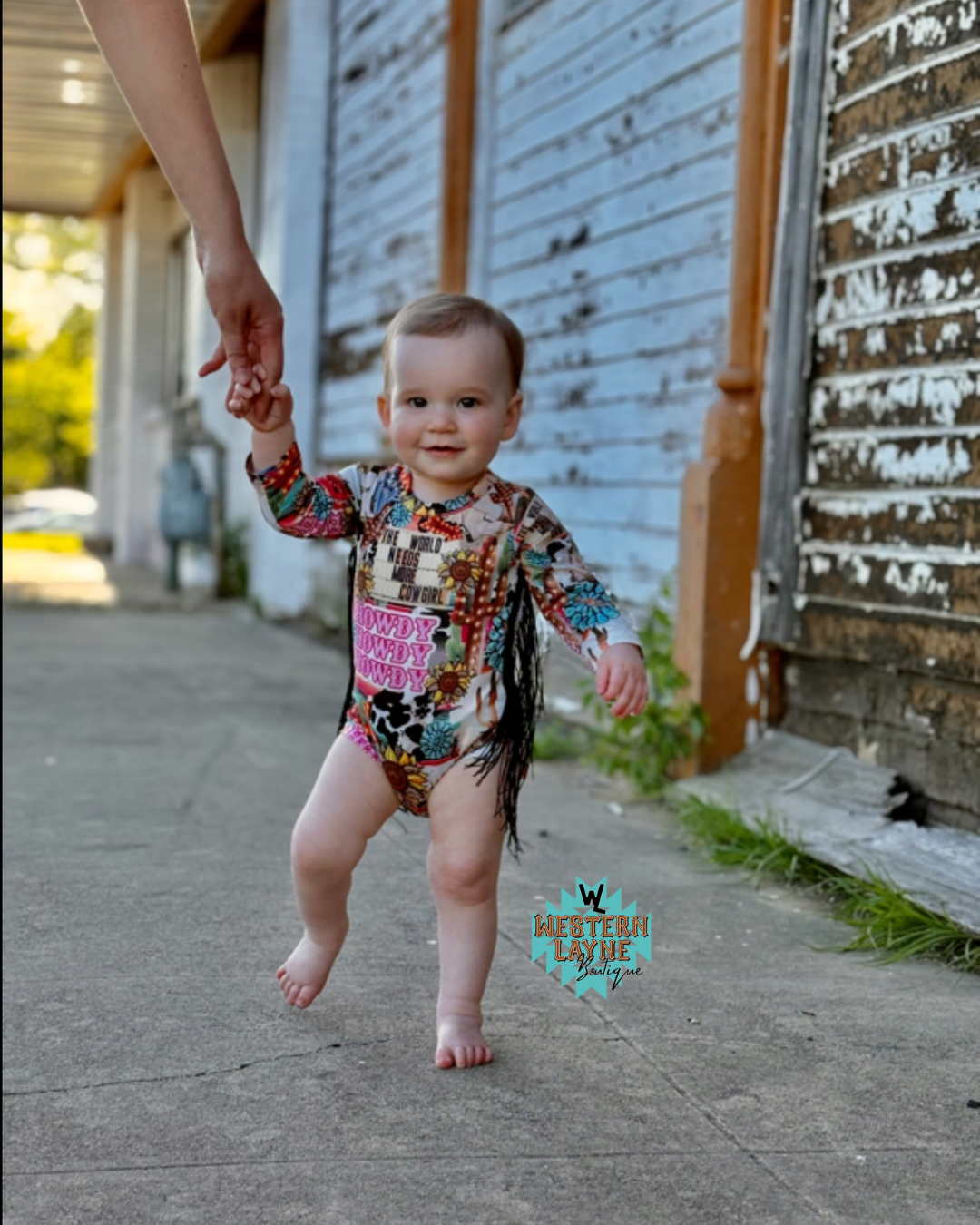 Western Collage Long Sleeve Baby Tassle Romper