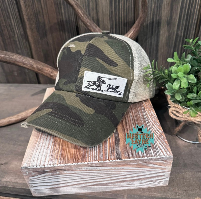 Women's Distressed Camo Ponytail Hat