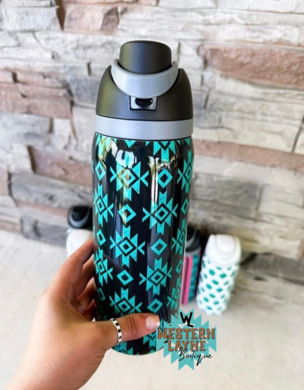 32oz Black Teal Aztec Tumbler