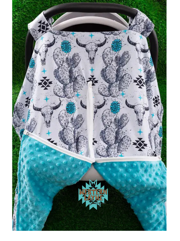 Cactus Bull Skull Blue Minky Car Seat Cover