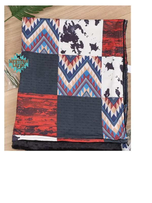 Cow Aztec Black Minky Patchwork Blanket