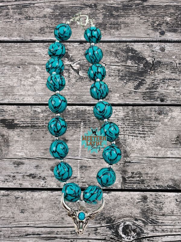 Turquoise Bubble Necklace with Bull Skull Pendant