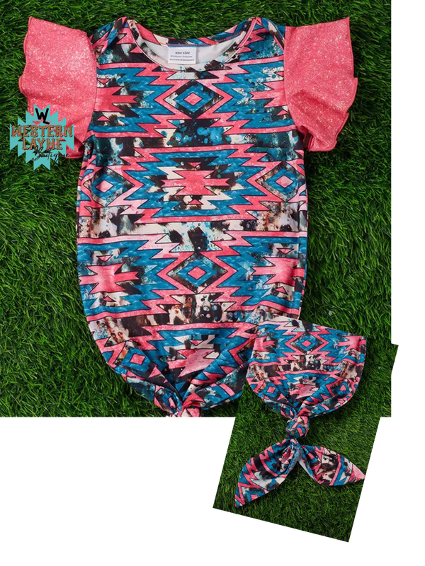 Cowhide Aztec Hot Pink/Turquoise Infant Gown