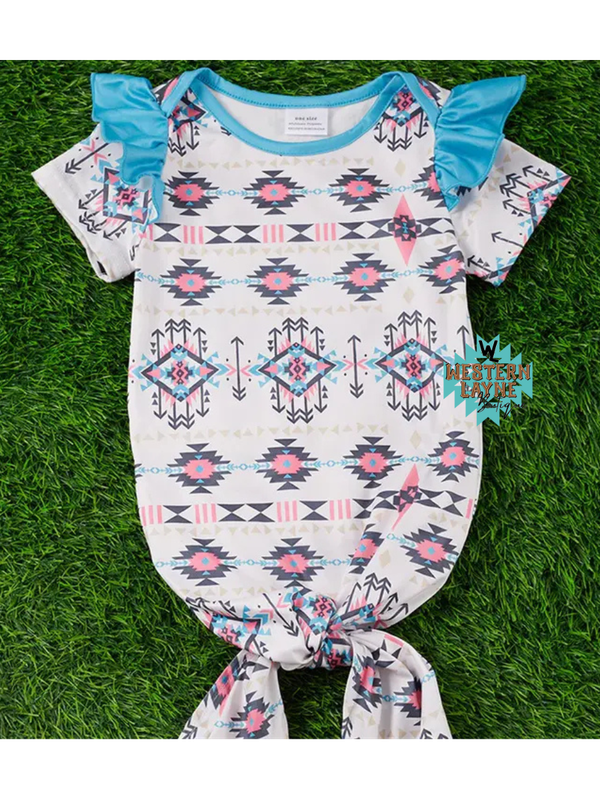 Aztec Infant Gown with Blue Ruffle Sleeve
