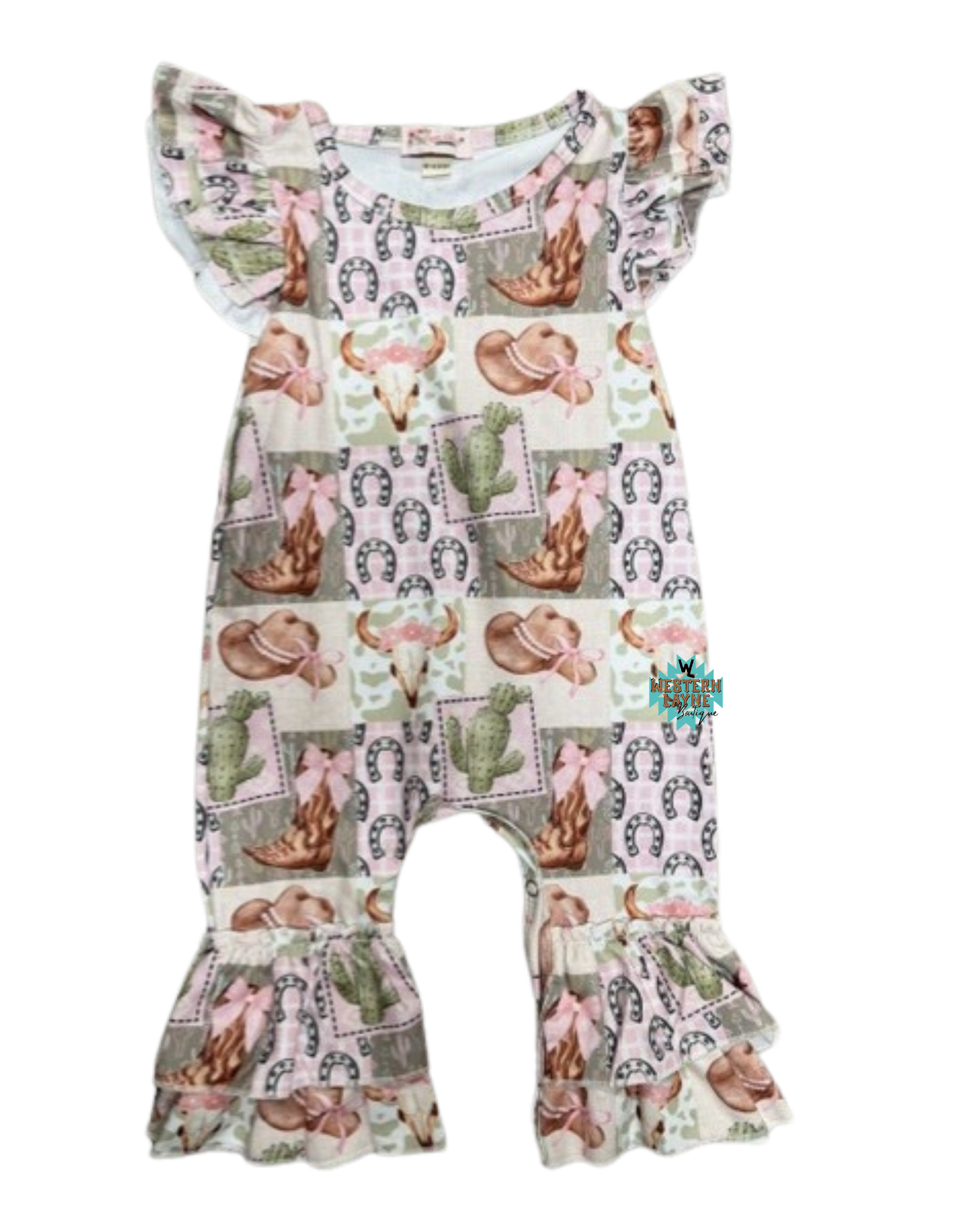 Pink Cowgirl Patchwork Ruffle Romper