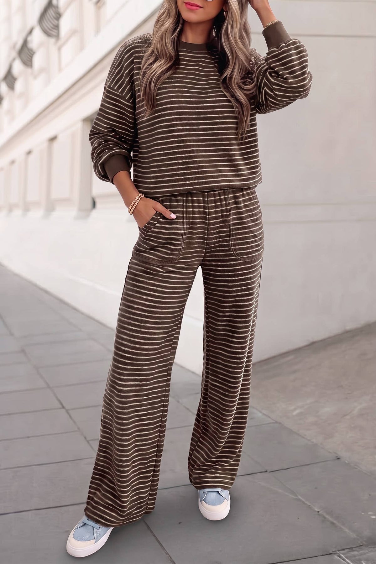 Soft Striped Print Pullover Pocketed Pants Set | S-XL