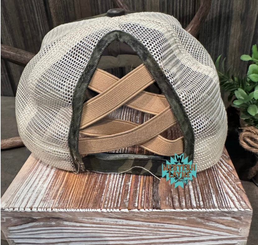 Women's Distressed Camo Ponytail Hat