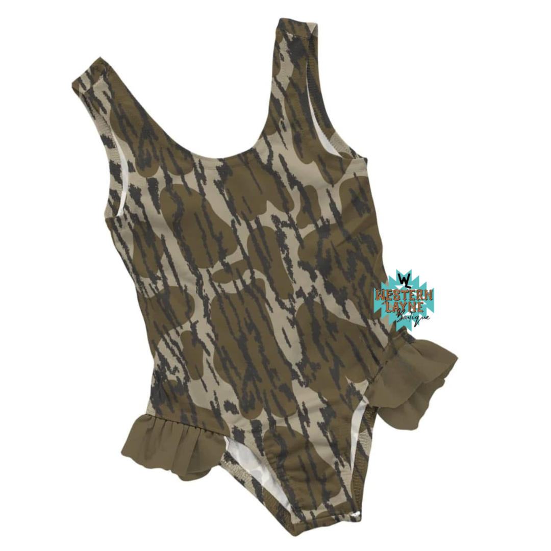Bottomland Camo Ruffle One Piece Swimsuit