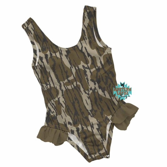 Bottomland Camo Ruffle One Piece Swimsuit
