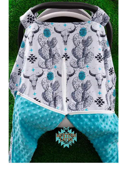 Cactus Bull Skull Blue Minky Car Seat Cover