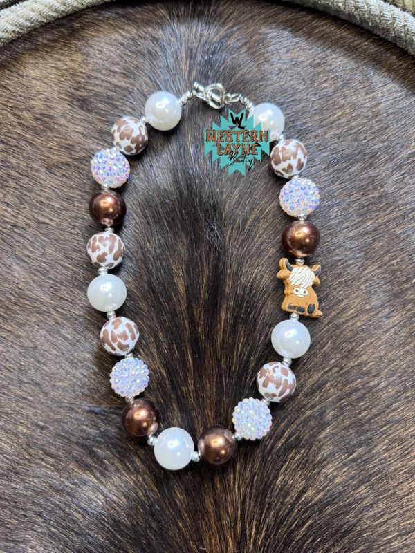 Brown/White Highland Cow Bubble Necklace